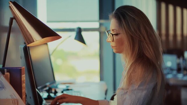 Manager Focused On Working At Computer In Modern Office. Analyzing Data And Career 