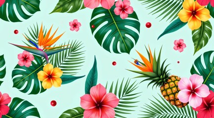Fototapeta premium exotic jungle foliage with blooming hibiscus floral design