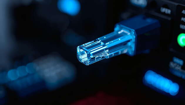 MPO fiber optic connector tip macro. Data center networking.
