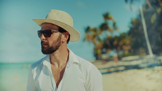 Traveler Walking Along Tropical Beach. Summer Vacation On Ocean Resort