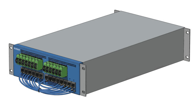 Industrial network switch with green terminal blocks and blue cables vector illustration