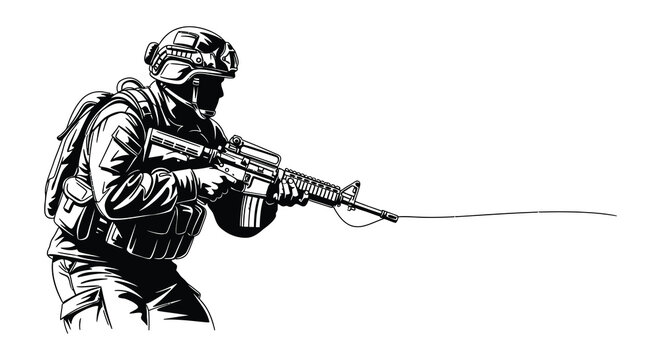 Line drawing depicting soldiers in combat or training scenarios