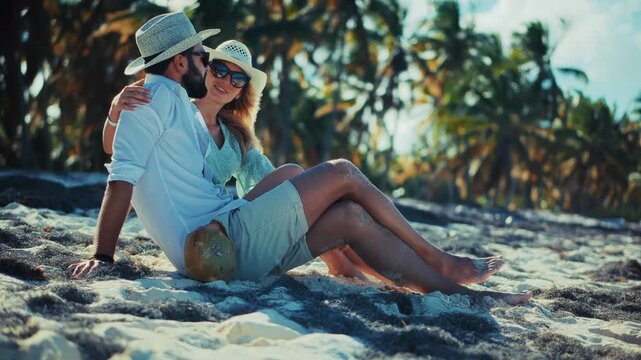 Travelers Sitting On Shoreline During Romantic Summer Vacation. Ocean Coast Leisure Holiday 