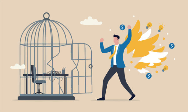 Break free day job to start new business, escape for freedom, resign from toxic workplace or retirement concept, confidence businessman break free from toxic working desk bird cage