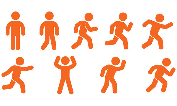 Eight orange stick figure icons depicting various actions and poses on white