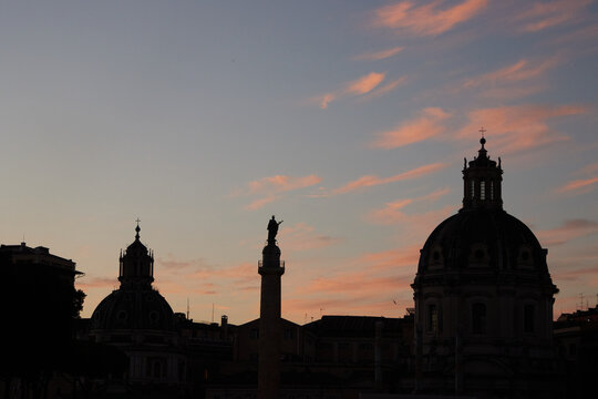 Trajan's Column in Rome, Italy at sunet 
