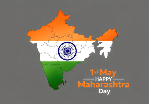 Map of Maharashtra, India, overlayed with the Indian flag colors, celebrating Maharashtra Day on May 1st.