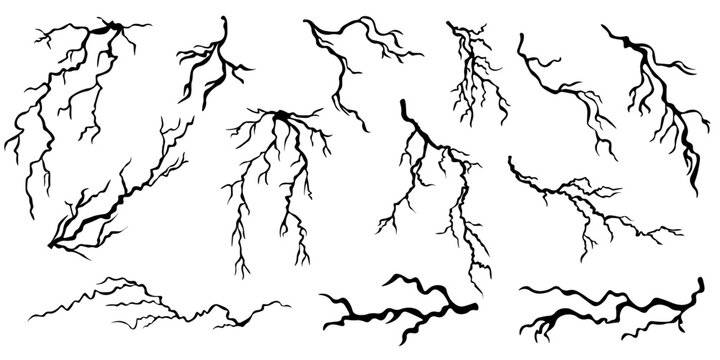 Lightning and Crack Set, Electric Thunder and Ground Crack Elements Vector