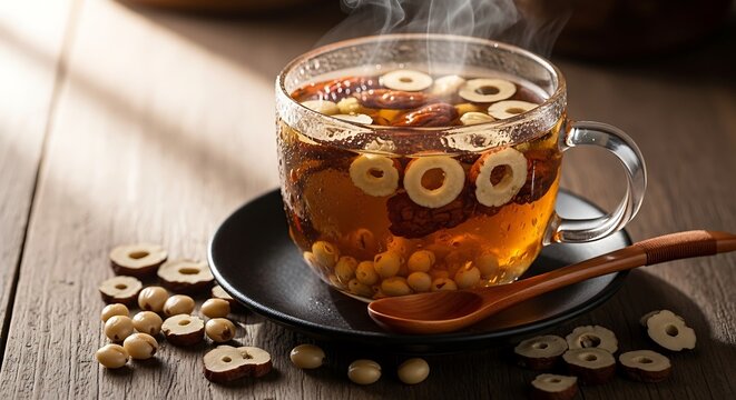 Steaming mug of herbal tea with jujubes on wooden table