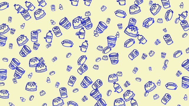 Handdrawn food doodle seamless pattern with fast food and drink items suitable for packaging, stationery, textiles, and kitchenware designs.