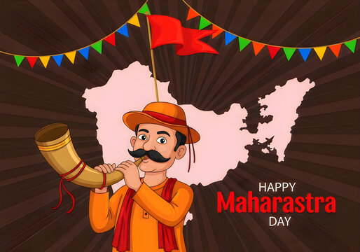 Man in Traditional Attire Playing Traditional Instrument Against Maharashtra Map Background, Maharashtra Day Celebration