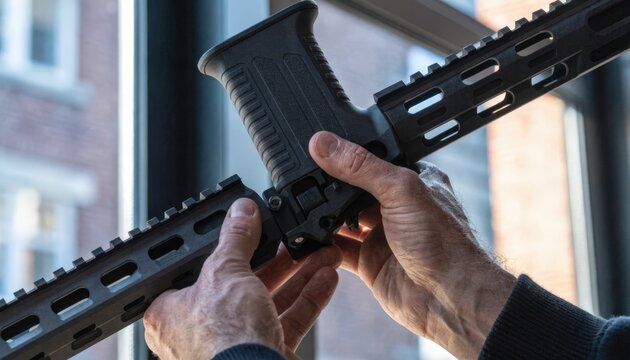 Medium shot of hands attaching a tactical foregrip to a modular rail system using MLOKstyle mounts highlighting precise alignment and secure locking mechanisms.