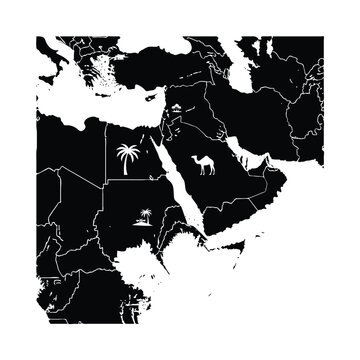 Black vector graphic map illustration of the Middle East and North Africa with desert culture symbols.