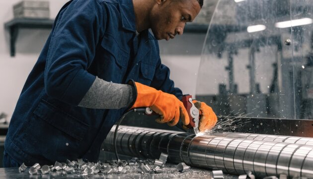 Medium shot of a technician precisely cutting scored steel sleeves for warhead fragmentation showcasing the sharp blade and detailed metal texture in a controlled fabrication