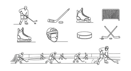 Line art illustration depicting various hockey equipment and player actions © MdNirob