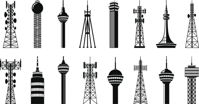 Communication Towers Vector Set with Different Designs and Structures for Telecommunication, Infrastructure, and Technology Illustrations