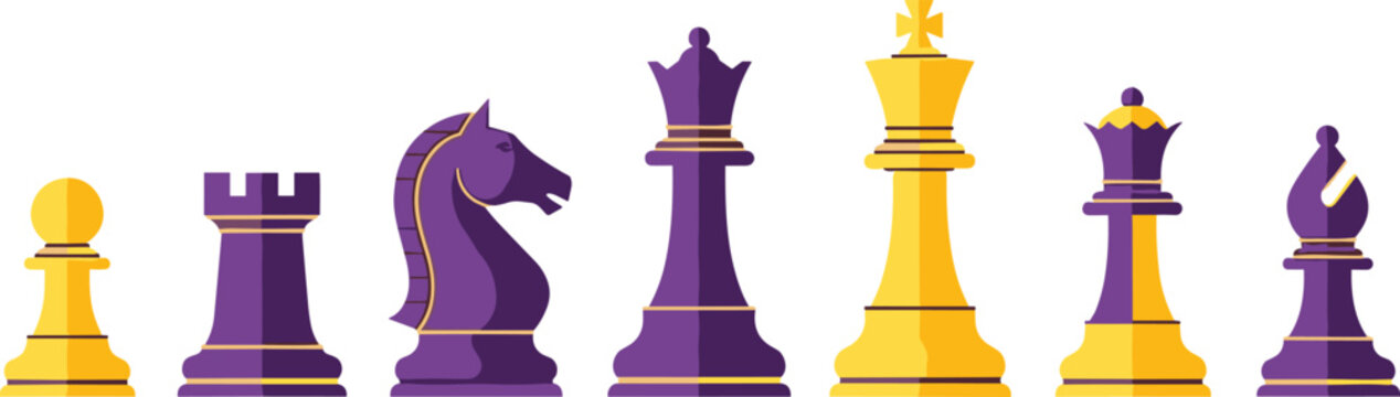 Elegant Purple and Yellow Chess Pieces Vector Set for Strategy, Board Games, and Educational Designs