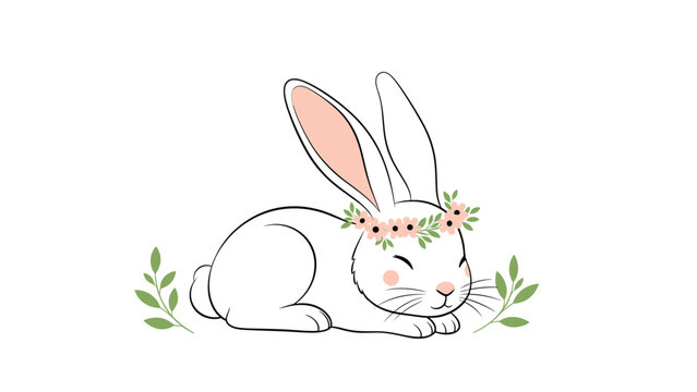 adorable white rabbit with pink ears is sleeping peacefully while wearing a delicate flower crown in a sweet and soft animal illustration.