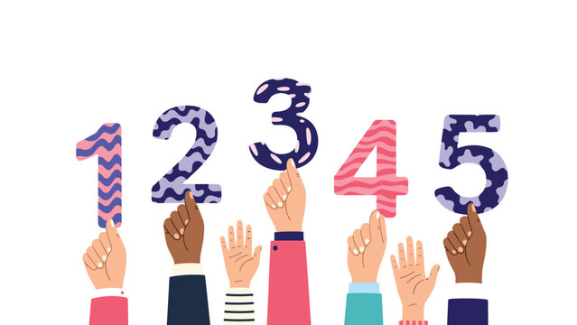 Diverse group of hands is shown holding up large colorful numbers from one to five with various decorative patterns for educational purposes.