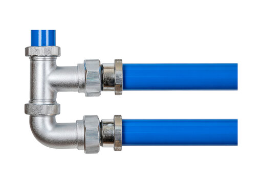 Metal elbow pipe with blue pex tubing