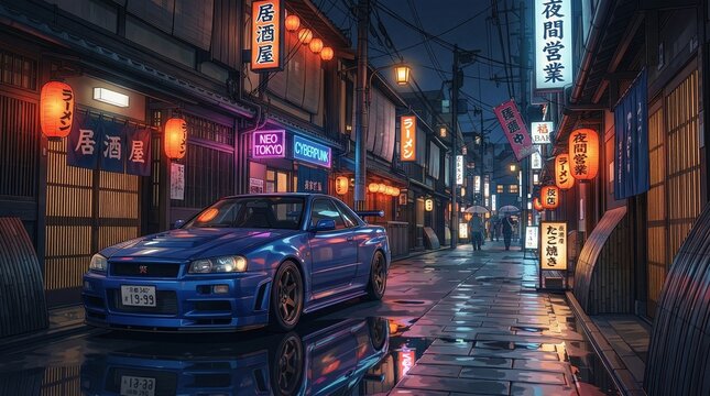 Blue Nissan Skyline R34 GT-R parked on a rainy neon-lit street in a Japanese city at night.