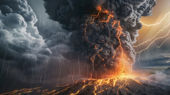 Explosive volcanic eruption with lightning storm dramatic natural disaster apocalyptic scene