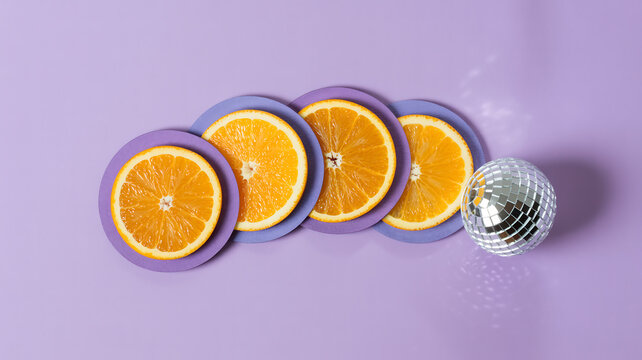 Orange slices with purple borders and disco ball cocktail garnish still life