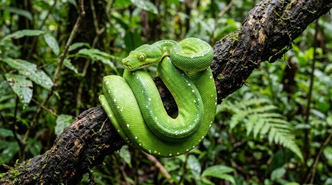 Green tree python coiled on branch close up vibrant snake reptile wildlife detail