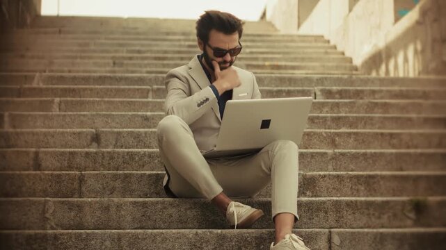 Businessman Handling Business Communication On City Steps.  Information Technology And Corporate Lifestyle