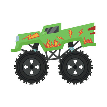 Illustration of a cartoon monster truck in bright colors with big wheels and a simple design, suitable for racing and car related projects