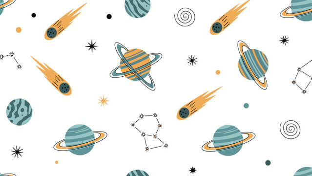 Whimsical outer space pattern featuring planets with rings, flying comets, and constellations on a white background for children designs.