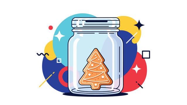 Festive illustration featuring a gingerbread cookie in the shape of a Christmas tree inside a glass jar with a colorful abstract background.