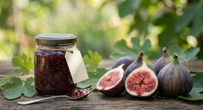 Homemade fig jam in a glass jar with fresh figs on a light background, concept of organic food, seasonal harvest, and traditional preservation.	