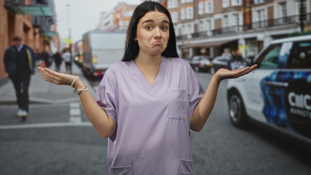 Young woman nurse in lilac scrubs shrugs with palms up, watching traffic and pedestrians at a city street crosswalk; confusion.