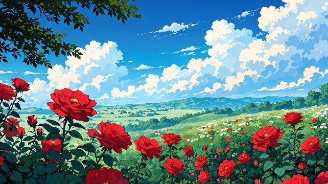 Anime Landscape Illustration of a Vibrant Rose Field Under a Blue Sky with Fluffy Clouds