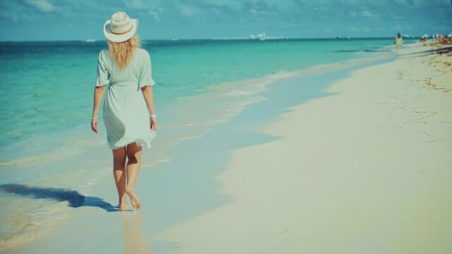 Traveler Walking Barefoot Along Tropical White Sand Beach. Vacation And Exotic Island Journey