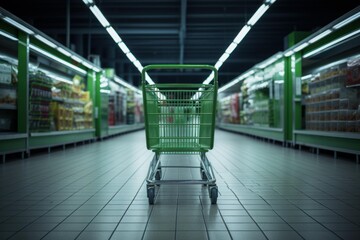 Naklejka premium Green shopping cart standing in a deserted supermarket aisle with shelves of products