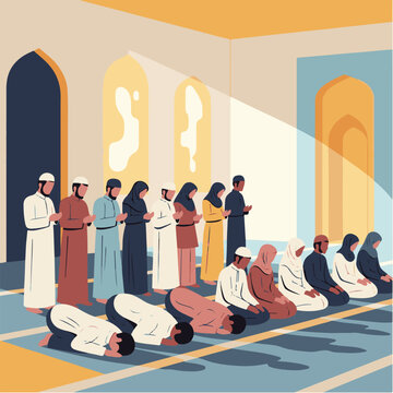 Muslims praying in a mosque.