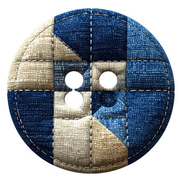 Square denim fabric button with patchwork design and blue texture for rugged clothing and textile industry and rustic craft projects and apparel