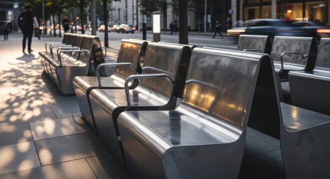 Modern steel benches arranged in a row along a city street, reflecting urban lights and offering sleek outdoor seating