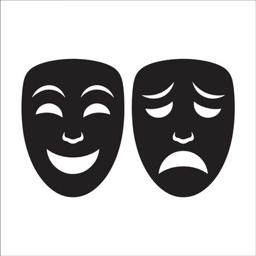 Black and white theater masks symbolizing happiness and sadness contrasting expressions for emotional balance