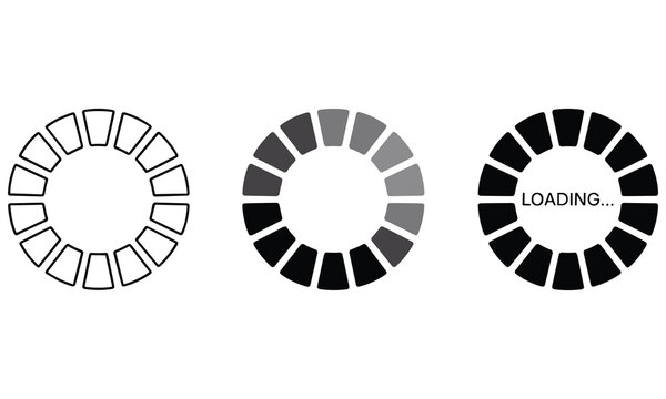 Three loading spinners progress indicators and loading text vector