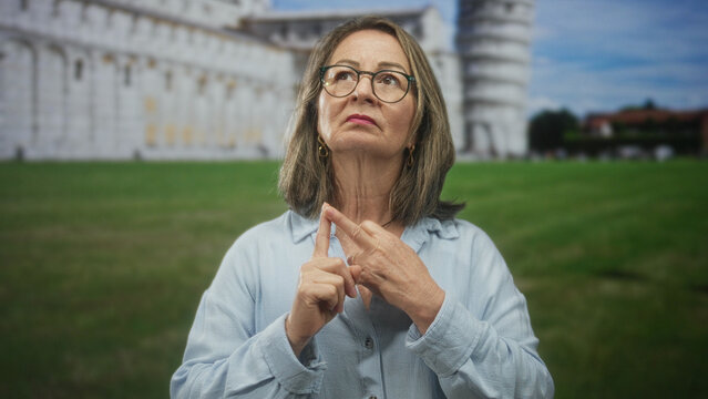 Hispanic senior woman with grey hair and glasses presses index fingers together, pointing gesture while standing on a grassy lawn before a historic building; thoughtful reflection.