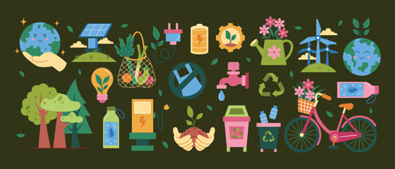Naklejka premium Earth Day Eco Sustainability Illustration Set