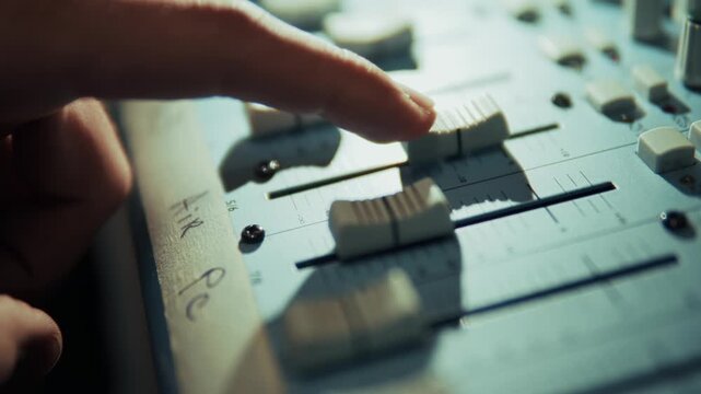 Sound Engineer Adjusting Faders On Audio Mixing Console. Recording Process And Sound Engineering Service