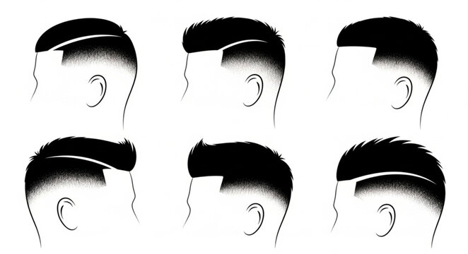 Six male side profile haircut variations illustrated in black and white.