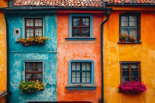 Charming old town street in colorful Europe travel photo