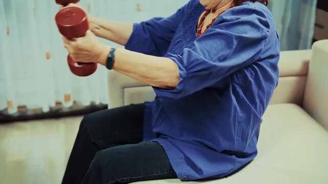 Senior Retiree Exercising With Dumbbells. Healthy Lifestyle For Elderly Person. Fitness Workout During Retirement