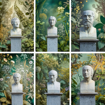 Collection de bustes de savants classiques immerg&eacute;s dans une v&eacute;g&eacute;tation botanique luxuriante, IA g&eacute;n&eacute;rative