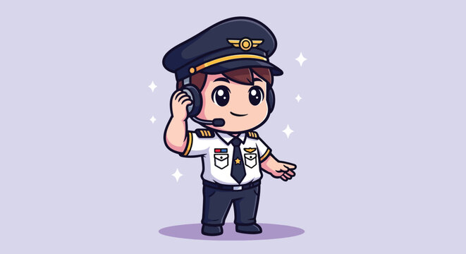 Cute Cartoon Pilot Character Wearing Headset and Uniform.